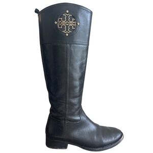 Tory Burch Kiernan Black Leather Riding Boots Gold Logo Knee High 7